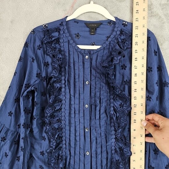J. Crew Eyelet Lace Top Womens 2 Blue 3/4 Flared Sleeve Ruffled Button Pleated - Picture 4 of 8